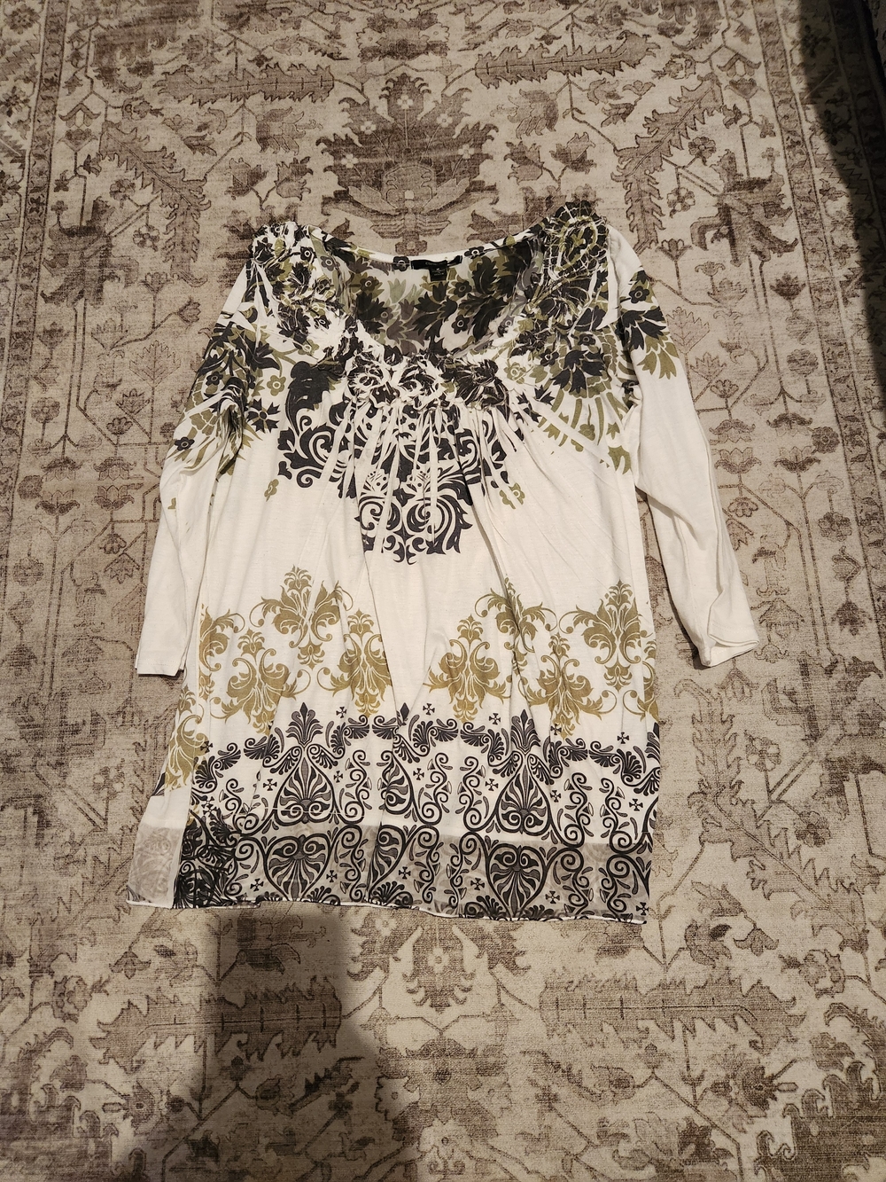 Espresso White Tunic with Olive-Green and Black Scroll Floral Print